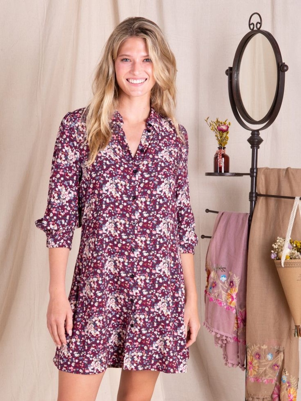 Natural Life Twiggy Floral Mini Shirt Dress Burgundy Plum 3/4 Sleeve Button Up S